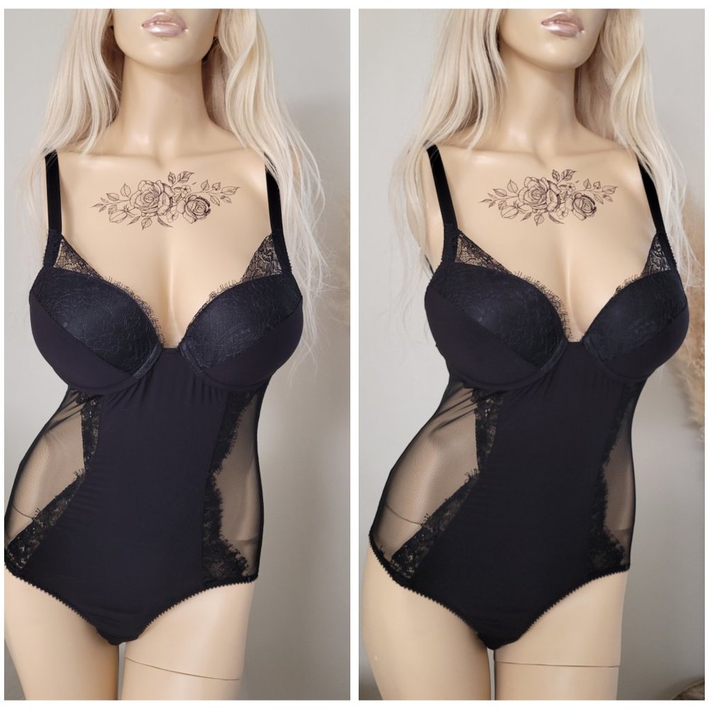 Black lace sheer mesh push up bodysuit. 36 B